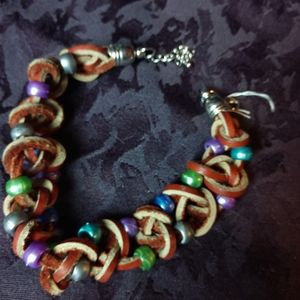 Braided soft leather & pony bead bracelet OOAK